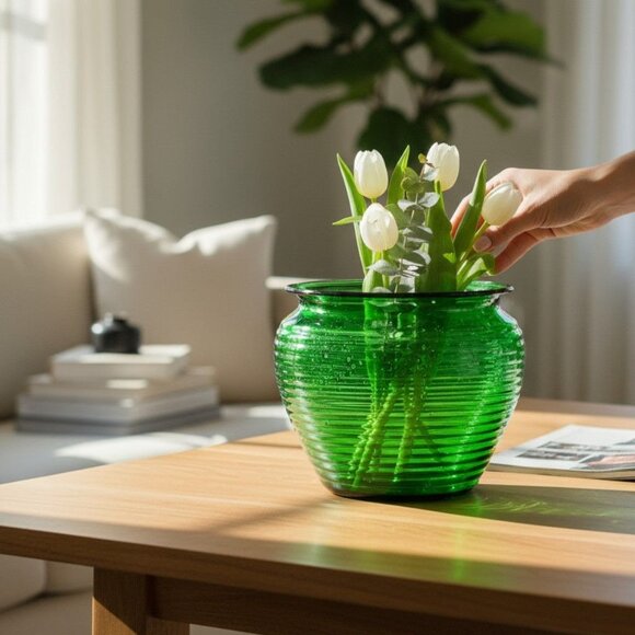 Vintage National Pottery Emerald Green Bee Hive Ribbed Glass Vase MCM EUC - Picture 3 of 9